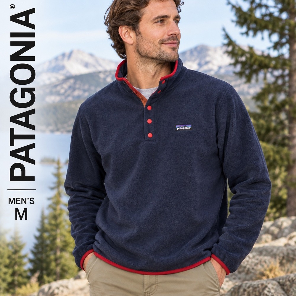 Patagonia Micro D Snap-T Fleece Mens Medium Navy Blue Red Trim Pullover Jacket